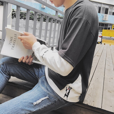 

Autumn European&American street hip hop loose old hit color stitching long sleeve round neck pullover sweater tide male jacket