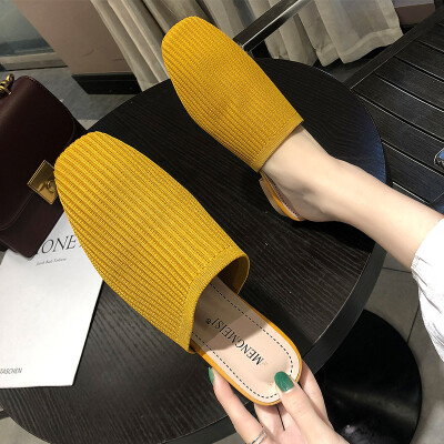 

Summer thick heel muller slippers womens fashion pointed knitting elastic retro Baotou half slippers with