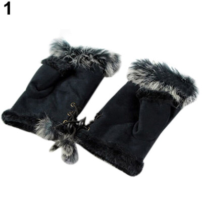 

Womens Winter Faux Rabbit Fur Faux Leather Fingerless Mittens Wrist Gloves