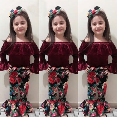 

Fashion Toddler Kids Baby Girls Flare Sleeve Off Shoulder Tops Floral Pants Outfits Clothes Set