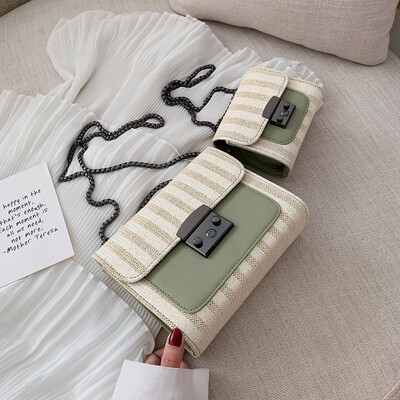 

French small bag female new stripe hit color small square bag texture ocean chain shoulder slung bag tide