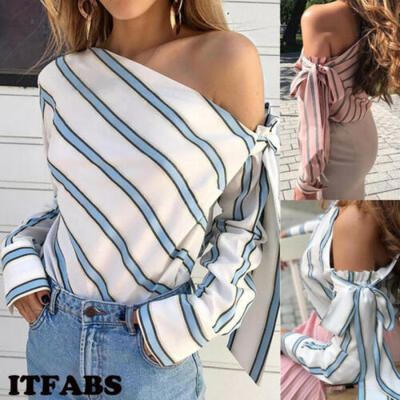 

AU Women Girls Casual Loose Striped One Shoulder Long Sleeve T-Shirt Blouse Tops