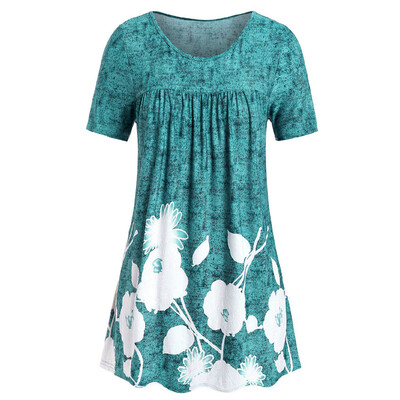 

Roseonmyhand Plus Size Fashion Women Floral Printed O-Neck Ruched Short Sleeve Tops Blouse