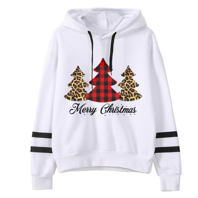 

Tailored Women Stripe Long Sleeves Christmas Tree Print Hoodie Sweatershirt Tops Blouse