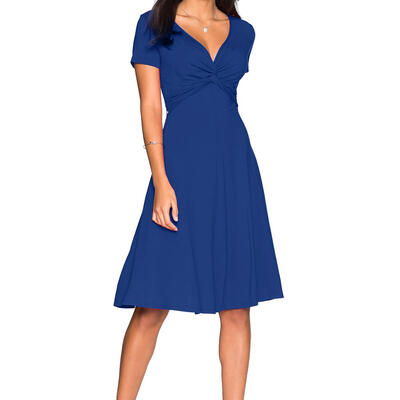 

Solid Color A-line Dress Women V-neck Knot High Waist Short Sleeve Dresses