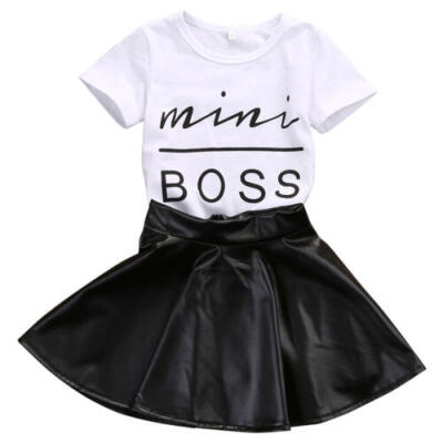 

US Toddler Girls Outfits Clothes Casual T-shirt TopsPU Leather Skirts Dress Set