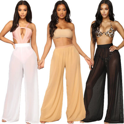 

Womens See Through Beach Sheer Mesh Pants Loose Wide Leg Trousers Bikini Bottom Swimsuit Cover up