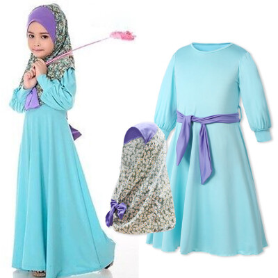 

Baby Girl Kids Islamic Long Muslim Abaya with Floral Hijab Long Sleeves Dress