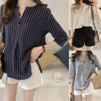 

Plus Size Women Summer Stripe Long Sleeve Loose T-Shirt Ladies Casual Blouse Top