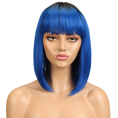 

Noble Blue Straight Human Hair Wigs With Bangs Brazilian Remy Hair Human Hair Wig Perruque Cheveux Humain Cheap Free Shipping