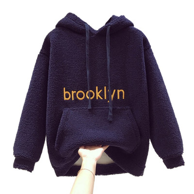 

Women Plush Sweater Letters Embroidered Hat Collar Long Sleeve Casual Warm Winter Autumn Loose Long Thick Tops