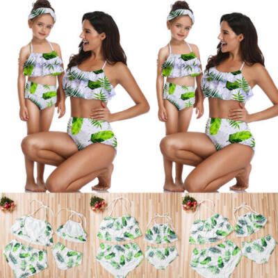 

Family Matching Swimwear Men Women Boys Girls Bikini Green Leaf Swimsuit