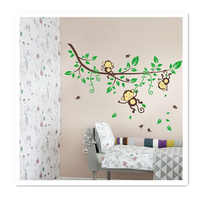 

Naughty Monkey Wall Stickers on Fresh Green Leaf Branches Kindergarten Childrens Room Opening Season Decorations Swinging Monkeys