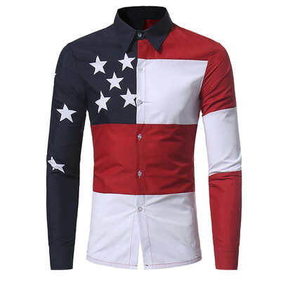 

New Casual Color Mixed Five-Pointed Star Printing Men\s Slim Long-Sleeved Shirt