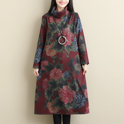 

Tailored Women Vintage Style Casual Retro Floral Printed Long-Sleeve Turtleneck Dress