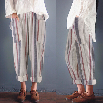 

Tailored Women High Waist Vintage Striped Loose Cotton Long Trousers Pants