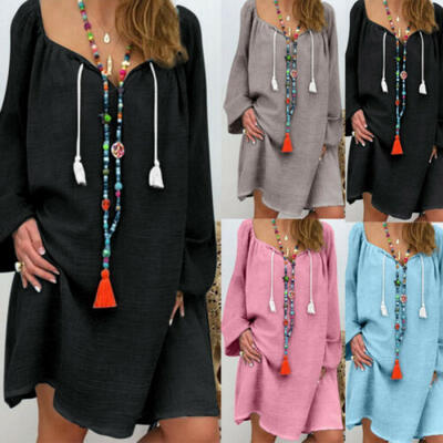 

Women Long Sleeve V Neck Mini Dress Summer Long Shirt Dress Top Blouse Size 4-14