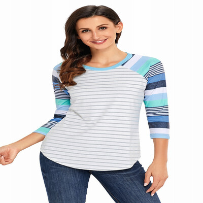 

Splicing round neck striped three-quarter sleeve casual comfort top