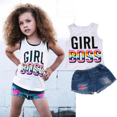 

Fashion Kid Baby Girl Cotton Sleeveless Vest T-shirt TopsShort Denim Pants 2Pcs