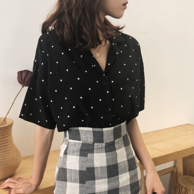 

Office Lady Tops And Blouses Fashion New Women Summer Short Sleeve Blouse Polka Dot Womens Turn Down Collar Casual Short Tops