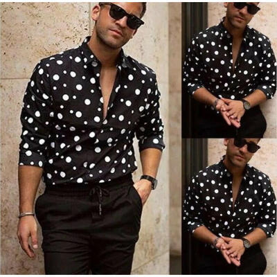 

Fashion Men&39s Black Long Sleeve Shirts Casual Button Down Shirts Tops Polka Dot Printed Handsome Blouse New