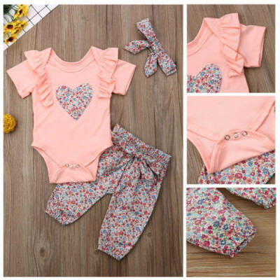 

Infant Kids Baby Girls Floral Ruffle Romper Pants Headband Outfits Clothes Sets