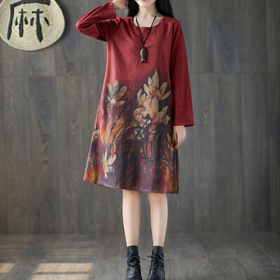 

Tailored Fashion Women Plus Size Folk-Custom Loose Floral Printed Cotton And Linen Dress