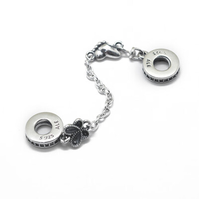 

925 Sterling Silver European Beads with Safety Chain Large Hole Beads Butterfly&Foot Antique Silver 74x2mm