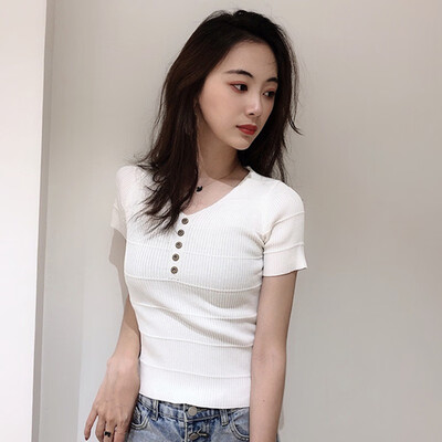 

Camisetas Verano Mujer t shirt Ice silk tshirt sweater wild V-neck short-sleeved T-shirt black code