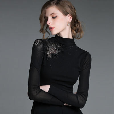 

Her pool womens 2018 autumn&winter new fashion slim slimming temperament half-high collar long-sleeved mesh hollow solid color shirt T83Z1695A10S black S