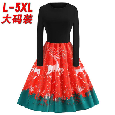 

Y7183 cross-border Christmas large size womens autumn&winter round neck long-sleeved elk print rubber waist waist swing skirt
