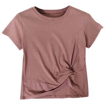 

Women tshirt Summer Casual Comfortable All-match Sparkly summer t shirt Twist Knot Short Sleeve Crop T-shirt