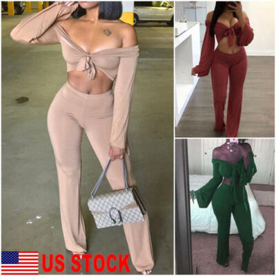 

Women Casual Crop Top Long Pants Trousers Set Two Piece Outfit Jumpsuit Playsuit