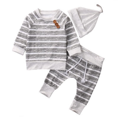 

Newborn Baby Girls Boy Striped Tops T-shirtPantsHat 3 pcs Outfits Set Costume