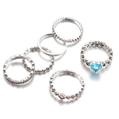 

6Pcsset Love Heart Blue Zircon Stacking Knuckle Finger Ring Set Vintage boho Ring Retro Women Jewelry
