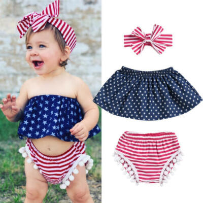 

US Independence Day Baby Girl 4th of July Off-Shoulder Tops Shorts Outfit Summer