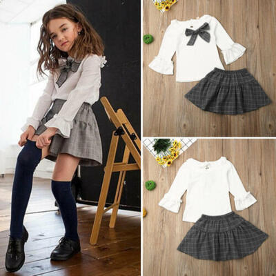 

US Toddler Kids Flare Long Sleeve Tops Plaid Skirt Baby Girls Dress Clothes 1-6Y