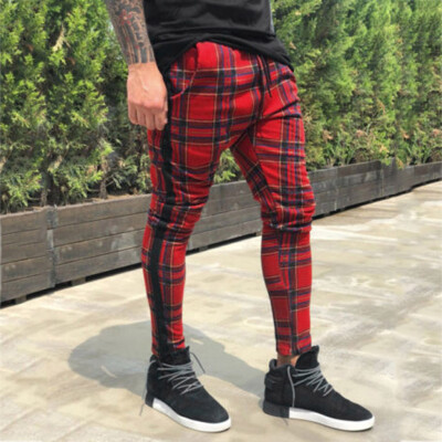 

Gobestart Mens Long Casual Sport Pants Slim Fit Plaid Trousers Running Joggers Sweatpants