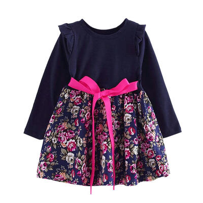

Autumn Sweet Cute Floral Print Stitching Girl Princess Dress Cotton Clothes