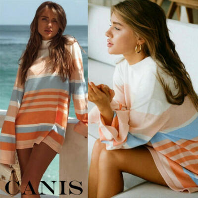 

Womens Ladies Casual High Neck Loose Long Sleeve Tunic Striped T Shirt Top