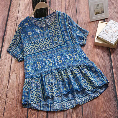 

Starmoon Women Cotton And Linen Loose O-Neck Short Sleeve Print T-Shirt Blouse Tops