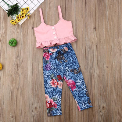 

Toddler Kid Baby Girl Ruffle Mini Sleeveless Top Floral Pants Sunsuit Outfit Set