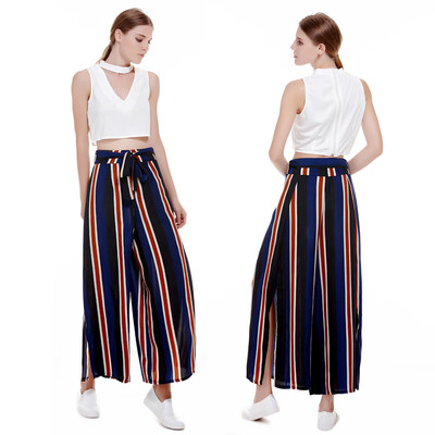 

Colourful Vertical Stripes Side Vent High Waist Loose Wide-leg Pants