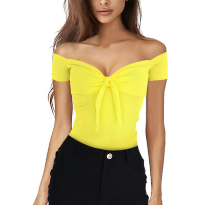 

Sexy Women Out Of The Shoulder With V-Neck Arc Tops Cotton Summer Girl Casual Beach Party Stretching Thin Fit T-shirt