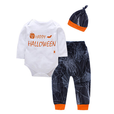 

Toddler Baby Boy Girl Pumpkin Print Top Blouse Pants Cap Halloween Outfits Set
