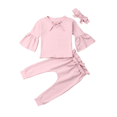 

Toddler Baby Girls Outfits Clothes Solid TopsRuffle Long Pants Headband 3Pcs
