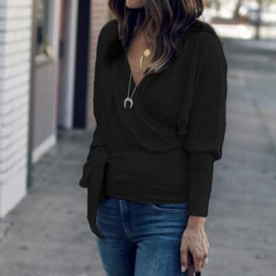 

2019 Autumn Women Fashion V-neck Long sleeve Lacing Solid color Top Sweater