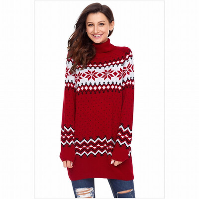 

High collar long sleeve print pullover sweater casual knit sweater