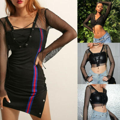 

UK Long Sleeve Women Hollow Mesh T-Shirt Crop Tops Transparent Blouse Clubwear