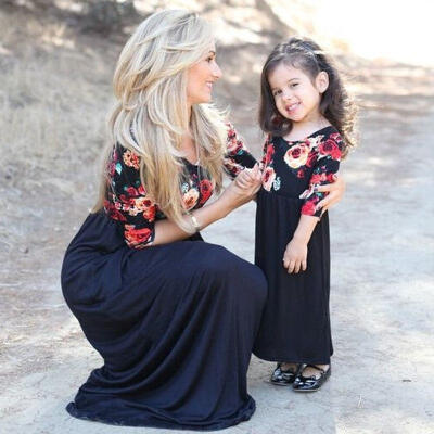 

Mother Daughter Matching Clothes Floral Mom Kids Parent Long Dress Outfits Set